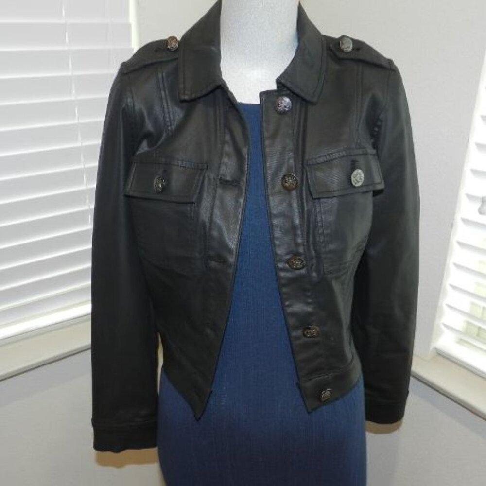 White House Black Market Black Coated Denim Cropped Pocket Jacket Size 4P - Picture 2 of 16